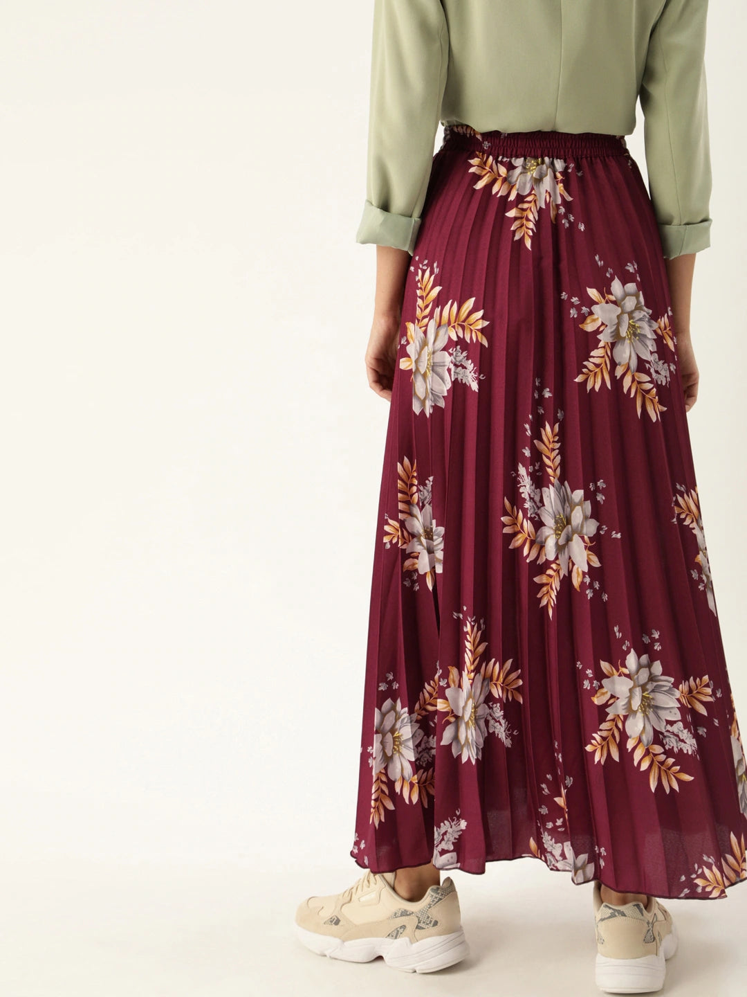 Women Maroon Floral Printed Pleat Flared Skirt