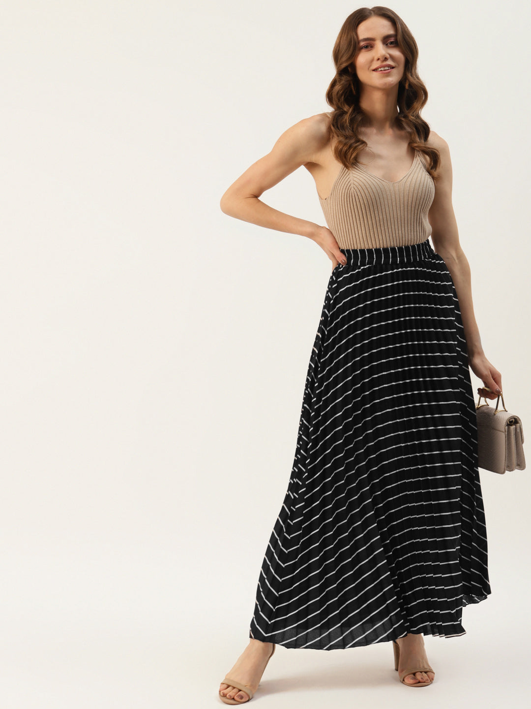 Women Black & White Striped Pleats Flared Skirt
