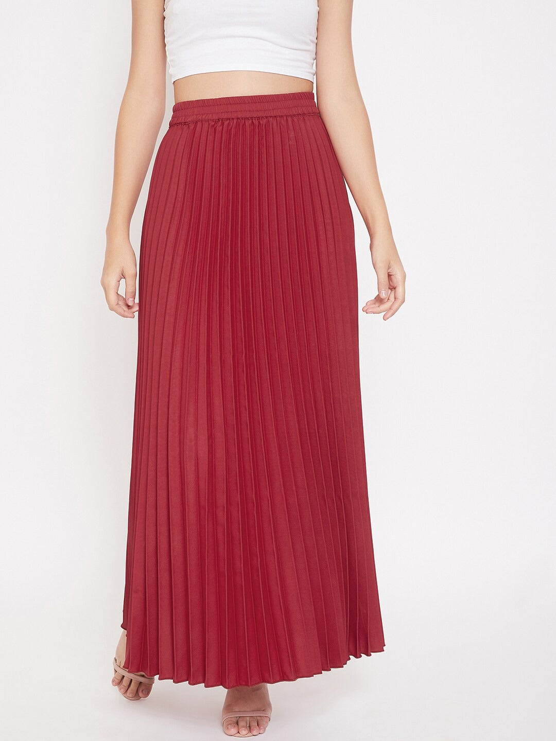 Women Maroon Accordion Pleat Maxi Flared Skirt