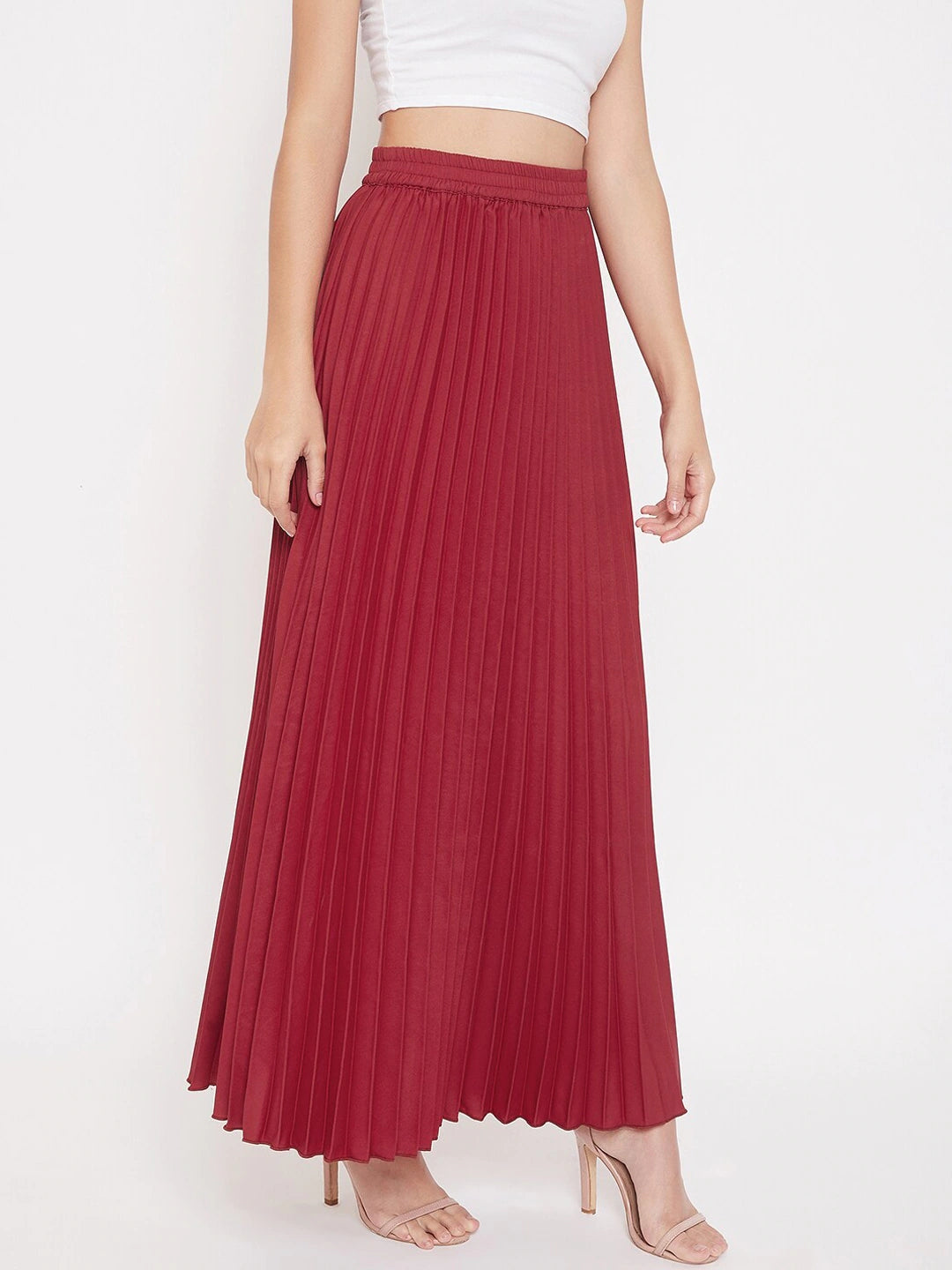 Women Maroon Accordion Pleat Maxi Flared Skirt