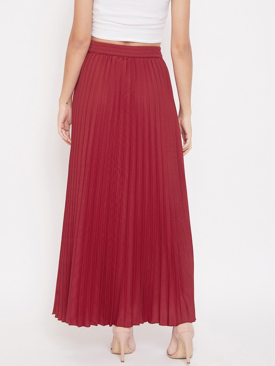 Women Maroon Accordion Pleat Maxi Flared Skirt