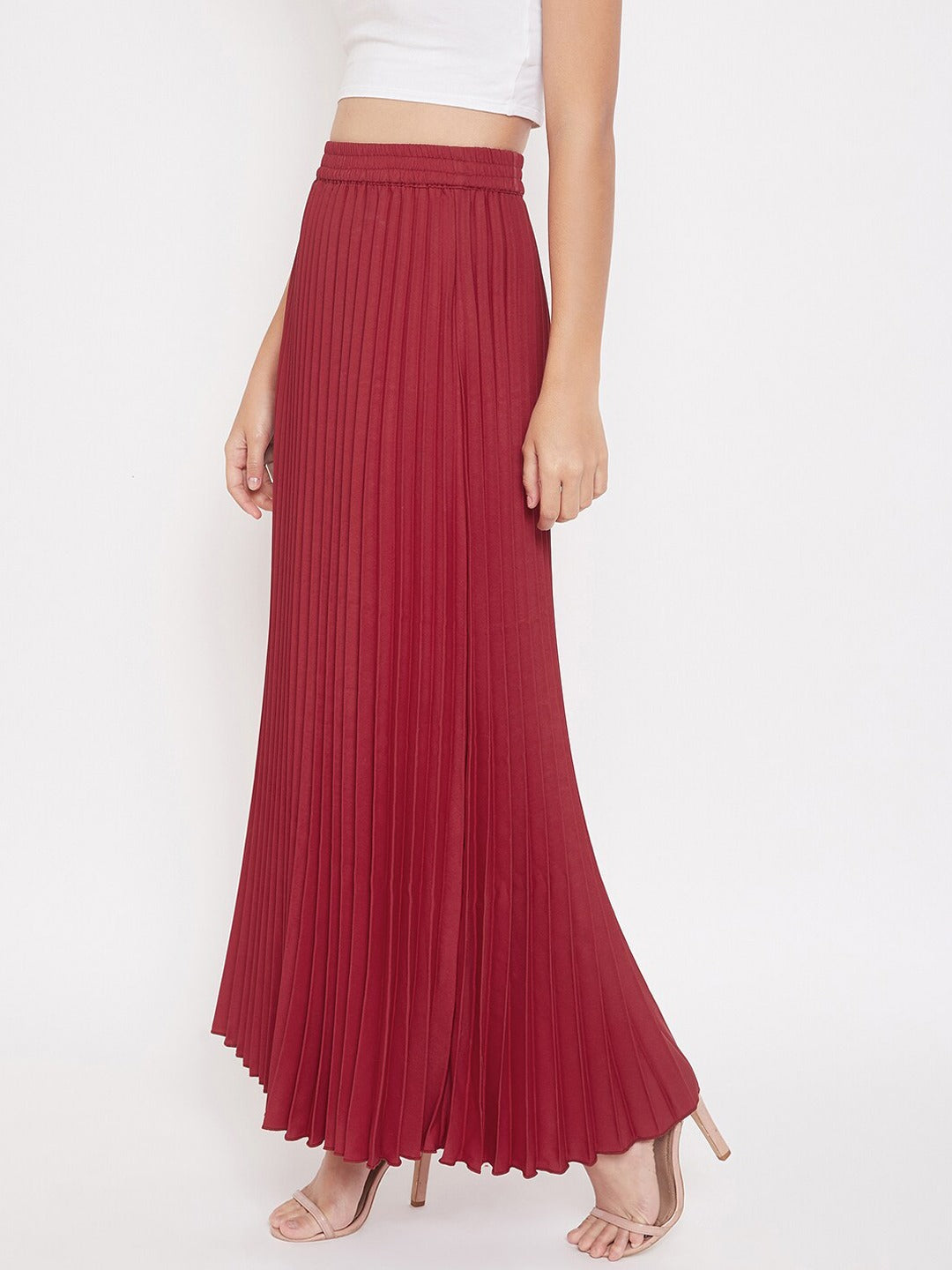 Women Maroon Accordion Pleat Maxi Flared Skirt