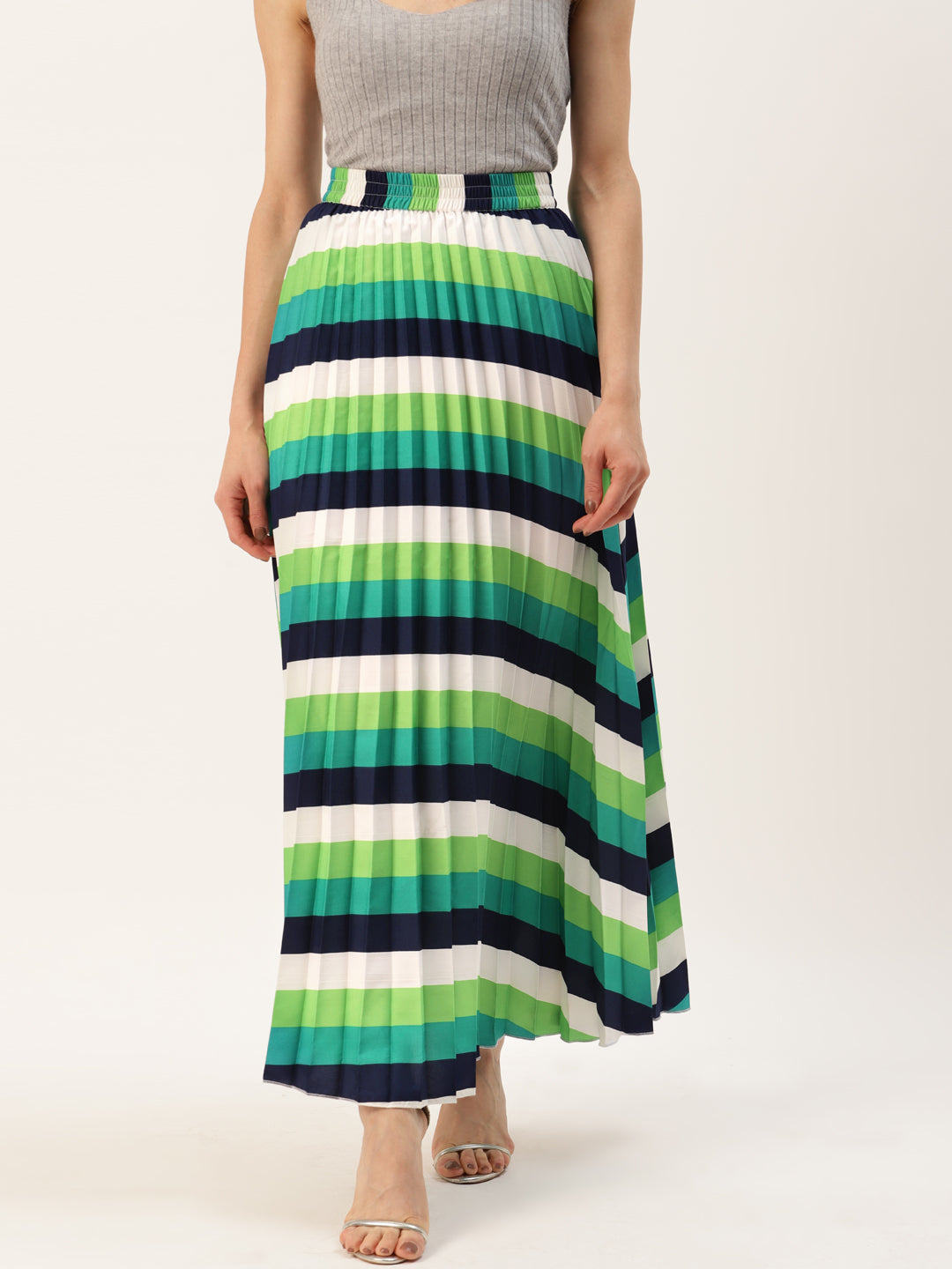 Women Green & White Striped Pleated Skirt