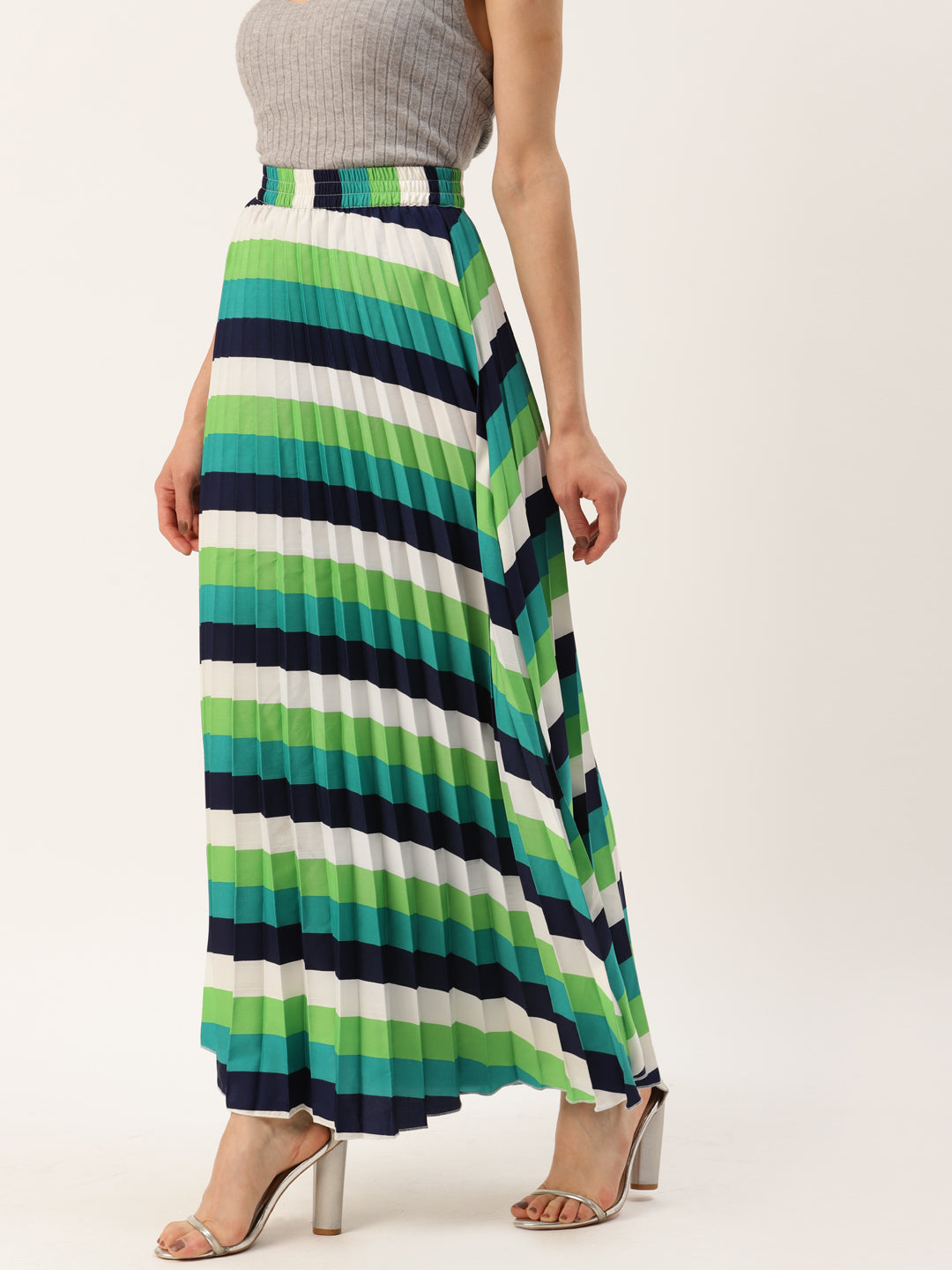 Women Green & White Striped Pleated Skirt