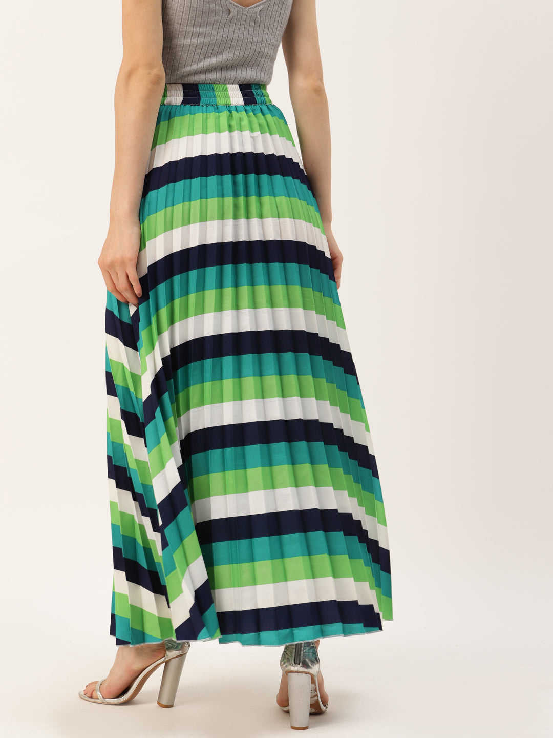 Women Green & White Striped Pleated Skirt
