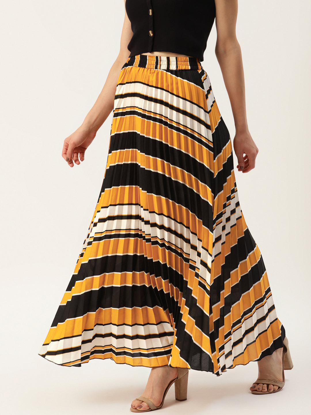 Women Mustard Yellow & Black Accordion Pleats Maxi A-Line Skirt