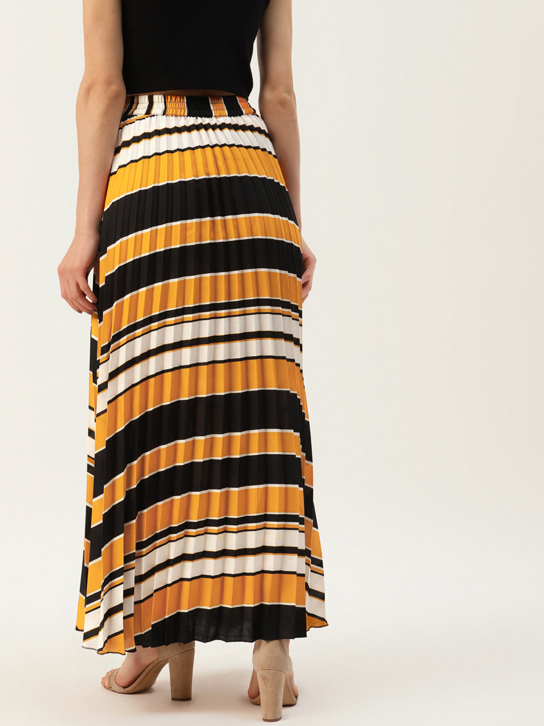 Women Mustard Yellow & Black Accordion Pleats Maxi A-Line Skirt