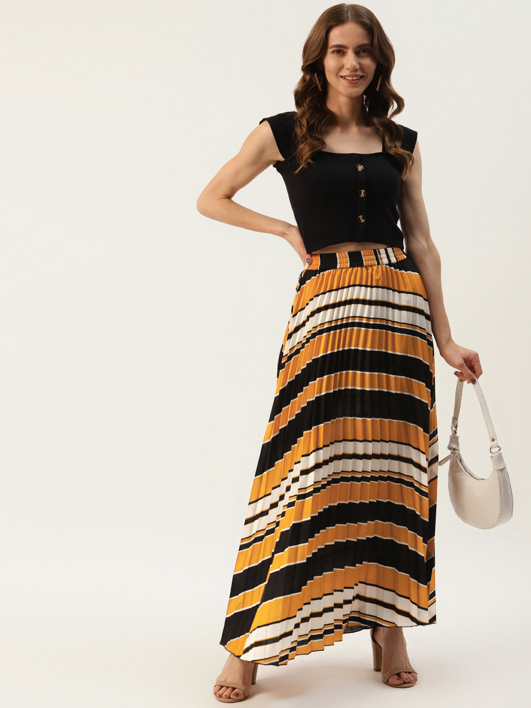 Women Mustard Yellow & Black Accordion Pleats Maxi A-Line Skirt