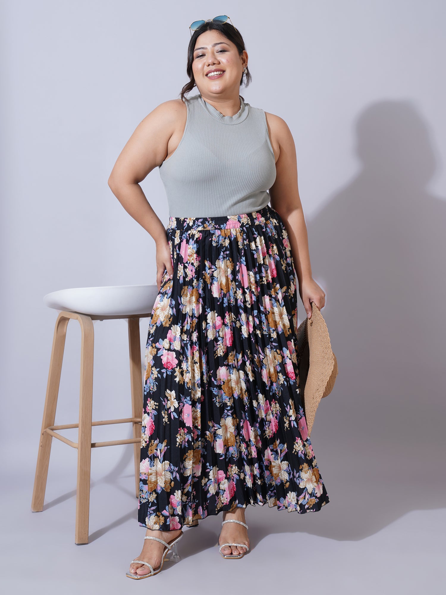 Women Plus Size Floral Printed Flared Maxi Skirt