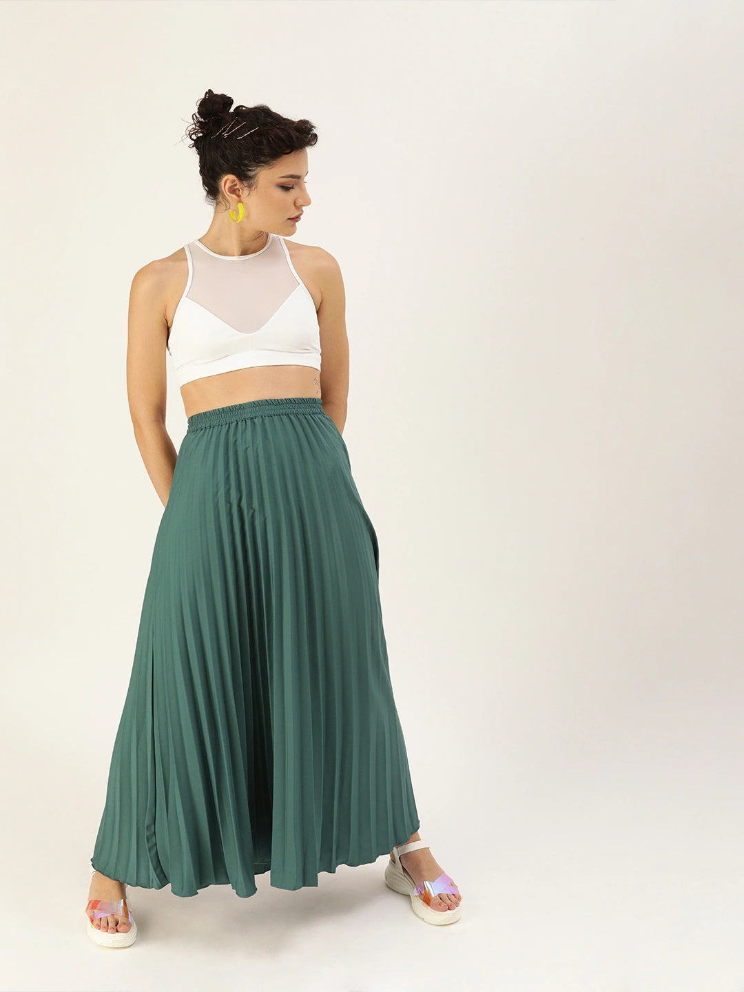 Women Green Pleated Flared Skirt