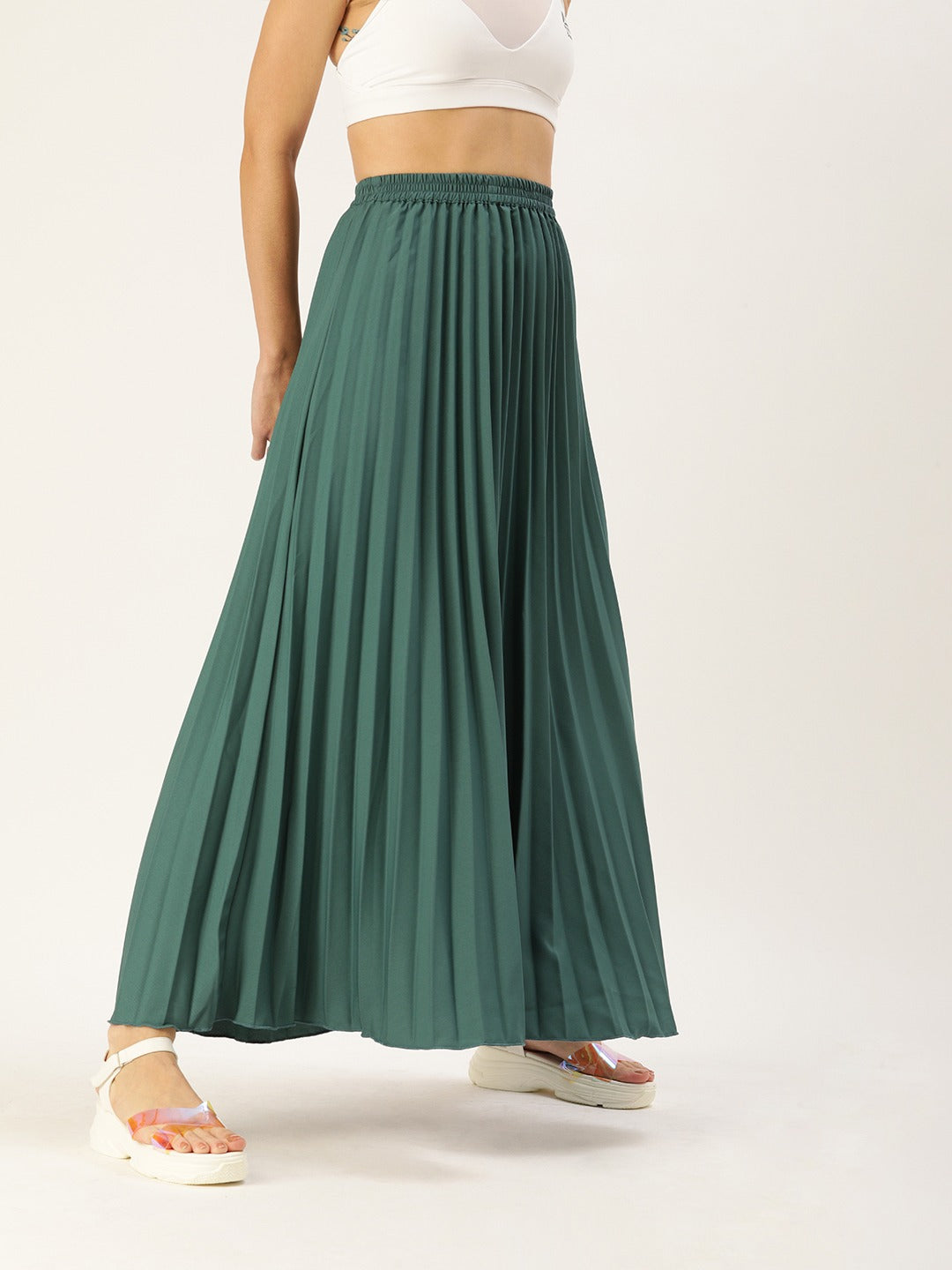 Women Green Pleated Flared Skirt