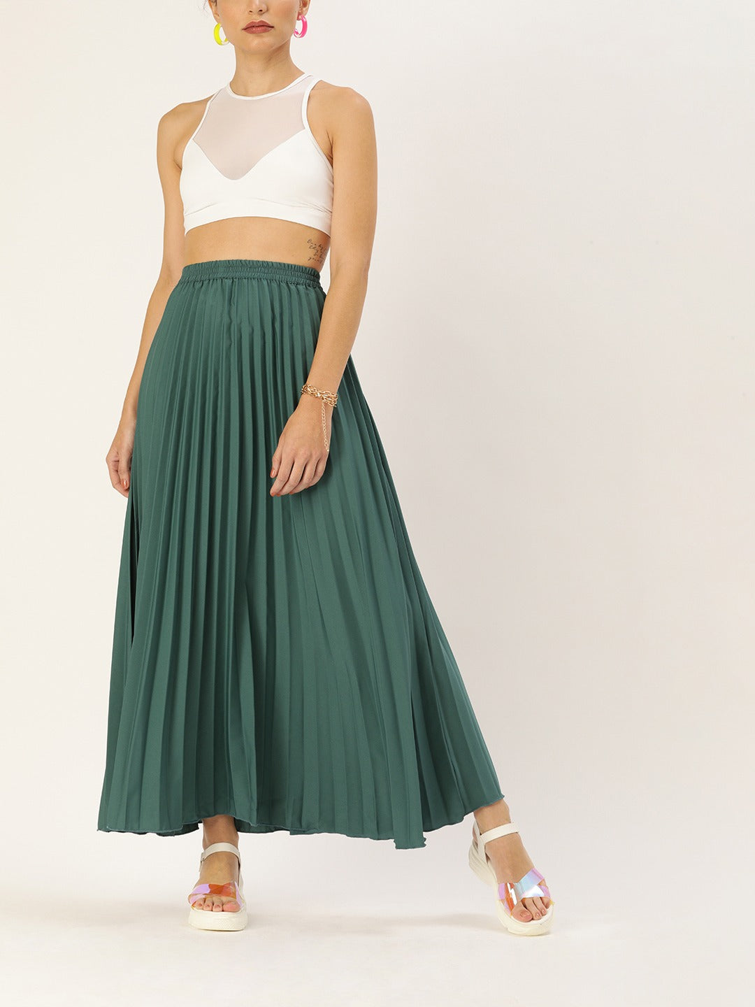 Women Green Pleated Flared Skirt