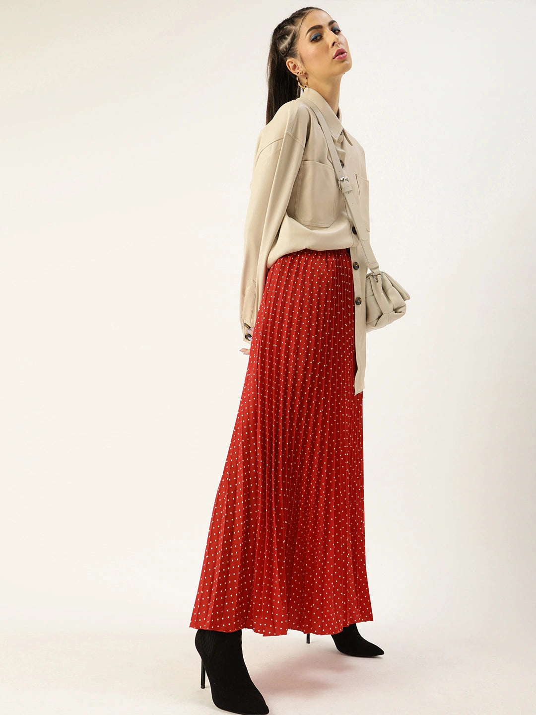 Women Red & White Printed Pleat Flared Skirt