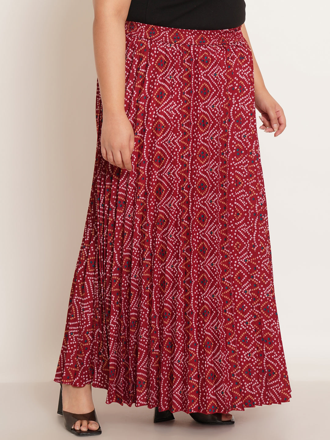 Women Plus Size Bandhani Ethnic Motifs Printed Pleats Flared Maxi Skirt