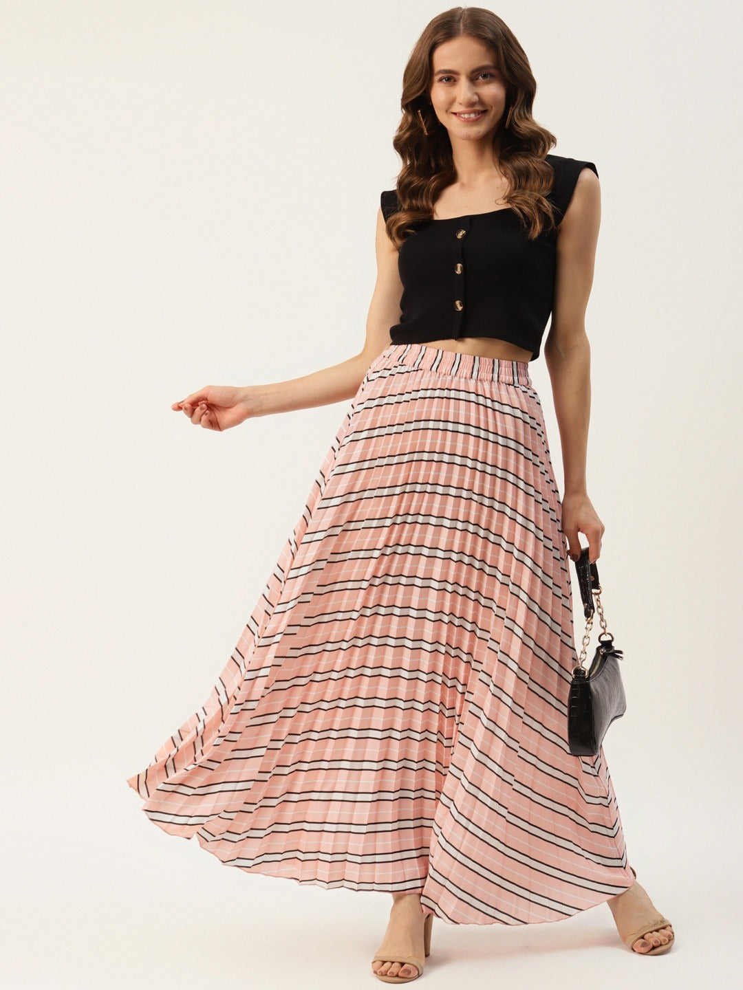 Women Pink & White Striped Pleated Flared Skirt