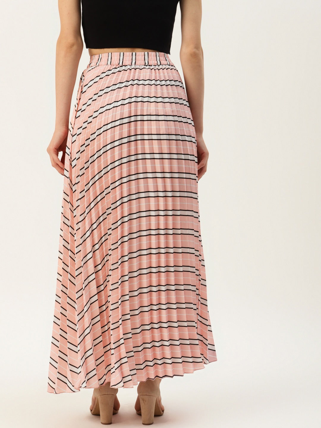 Women Pink & White Striped Pleated Flared Skirt