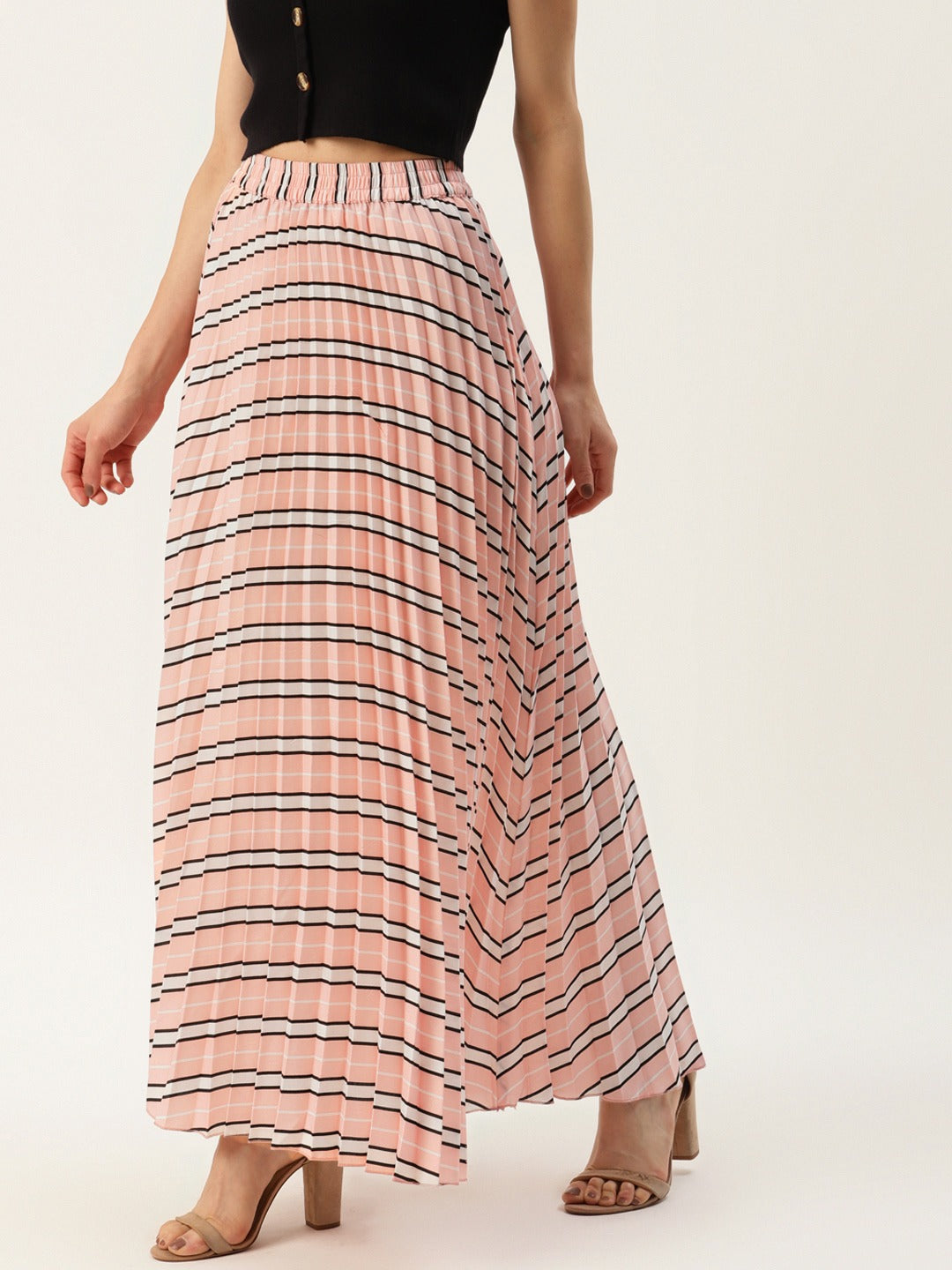 Women Pink & White Striped Pleated Flared Skirt