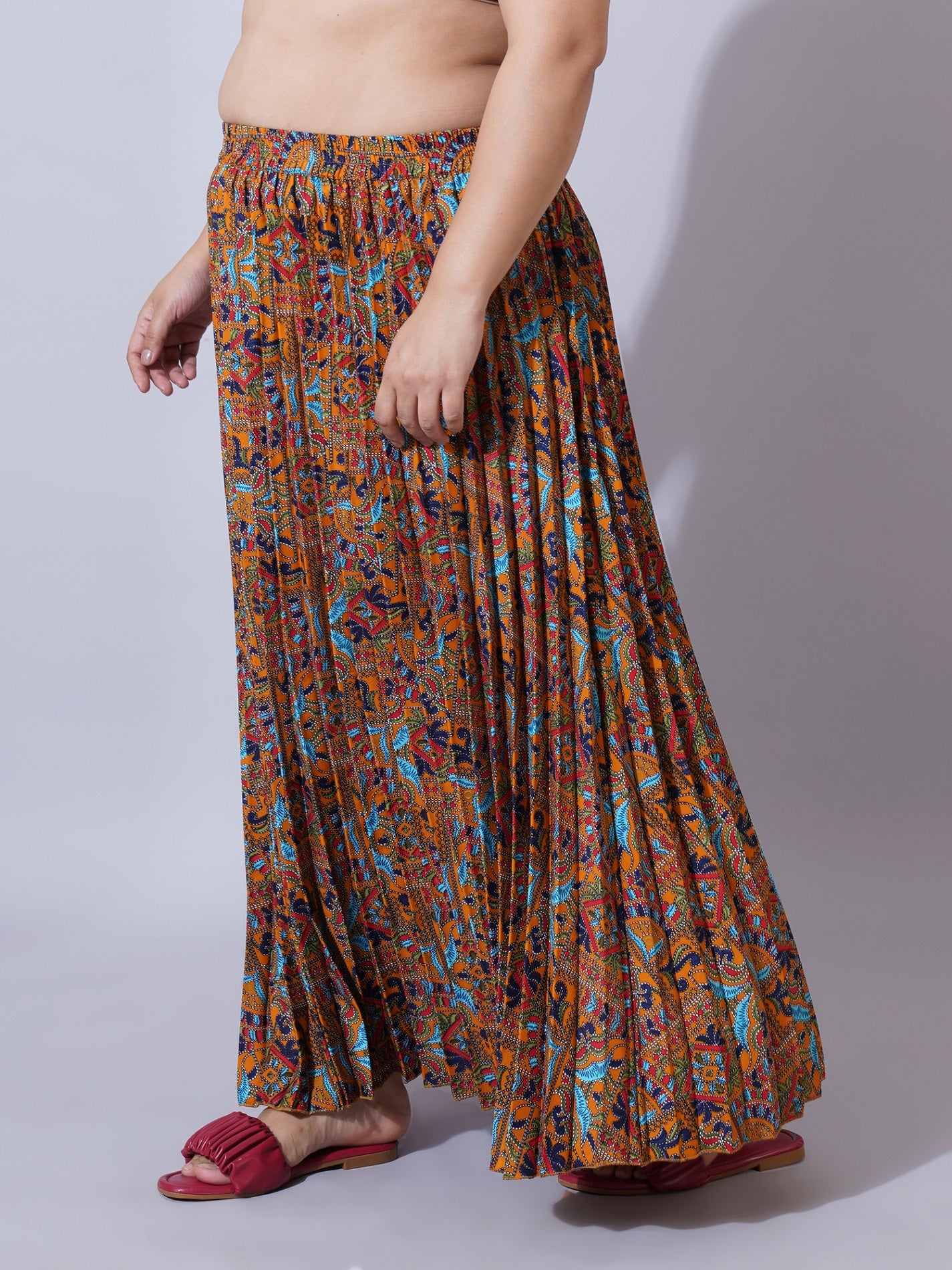Women Plus Size Printed Pleated A-Line Maxi Skirt