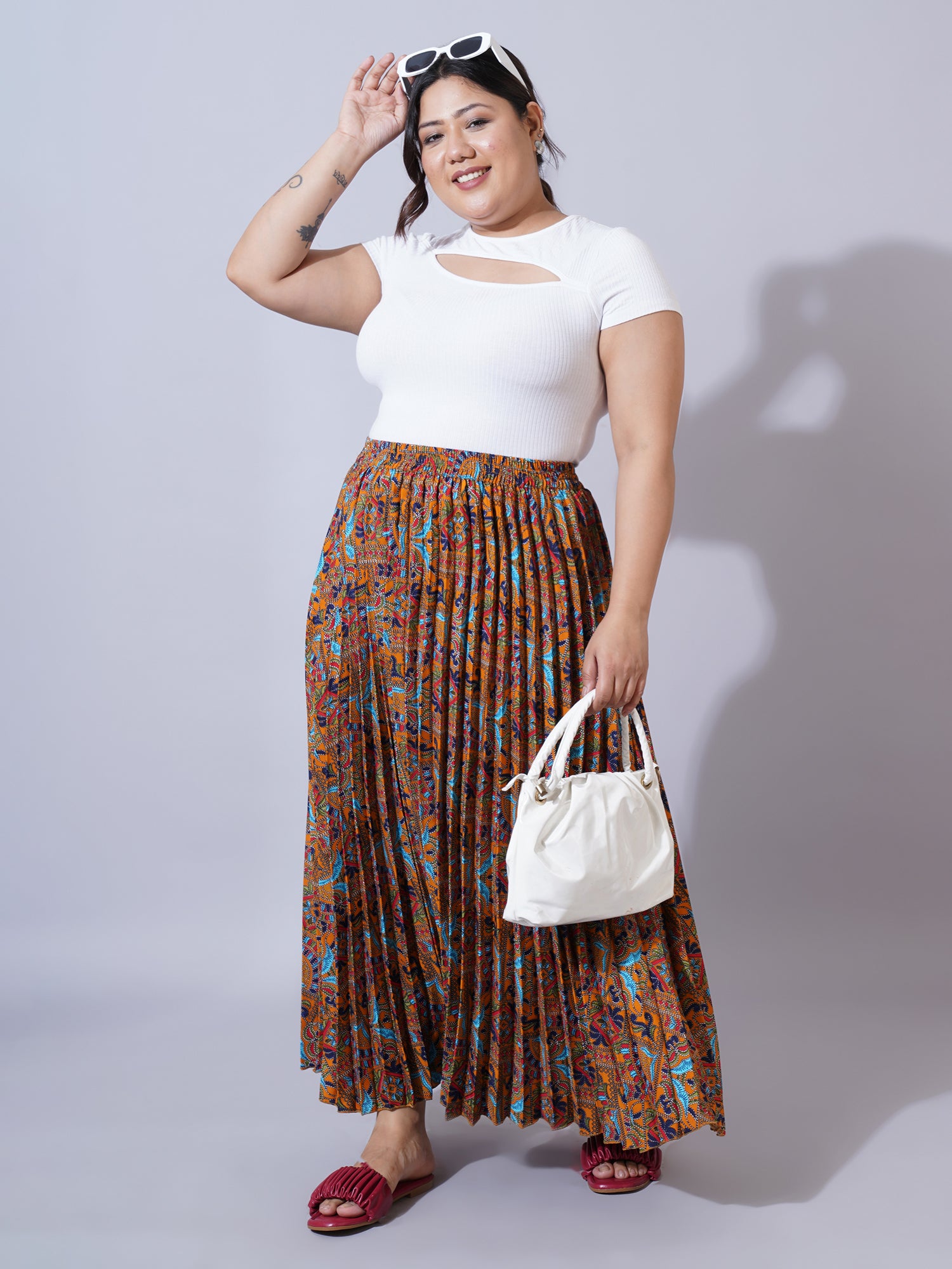 Women Plus Size Printed Pleated A-Line Maxi Skirt
