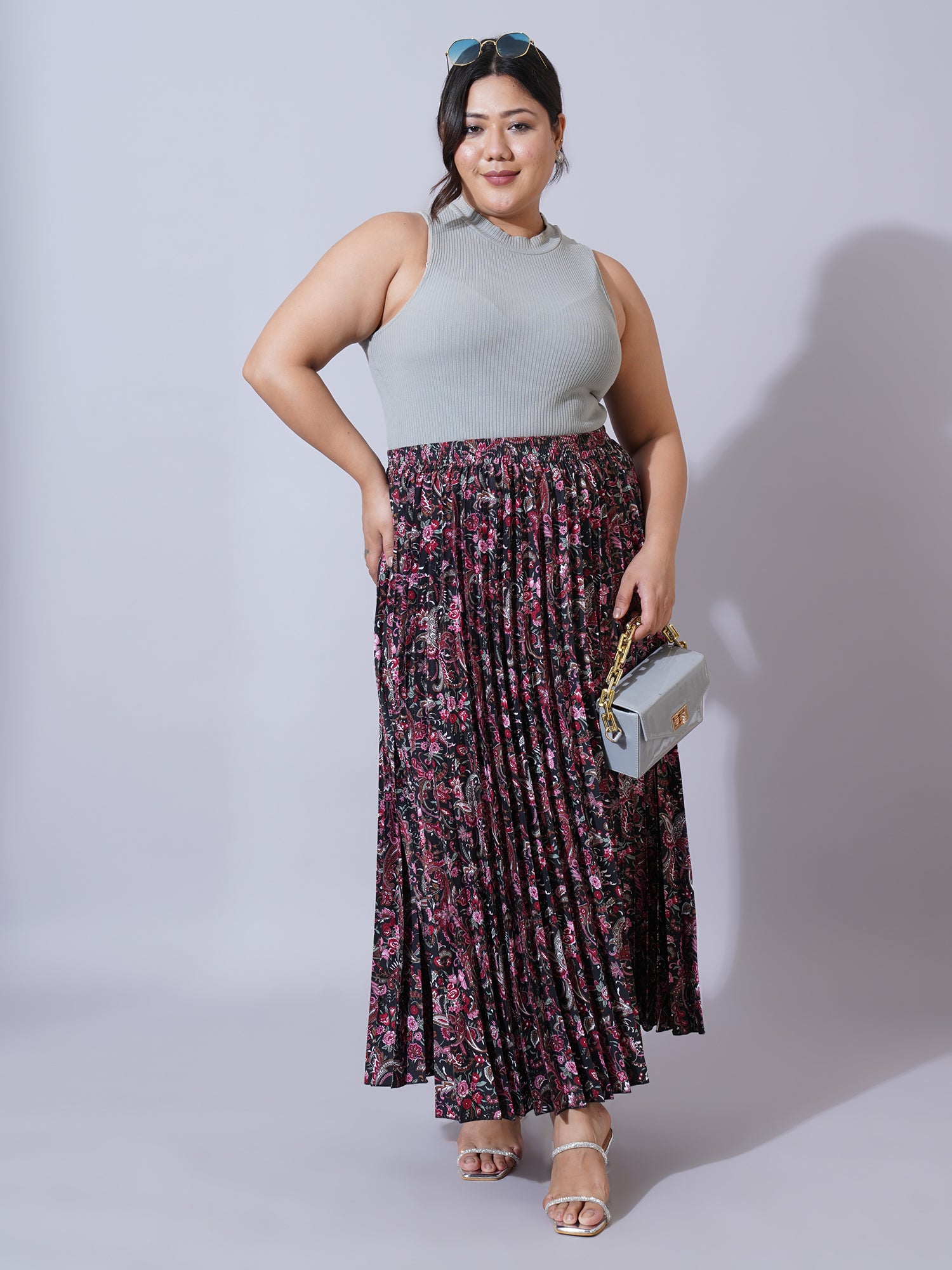 Women Plus Size Floral Printed Flared Maxi Skirts