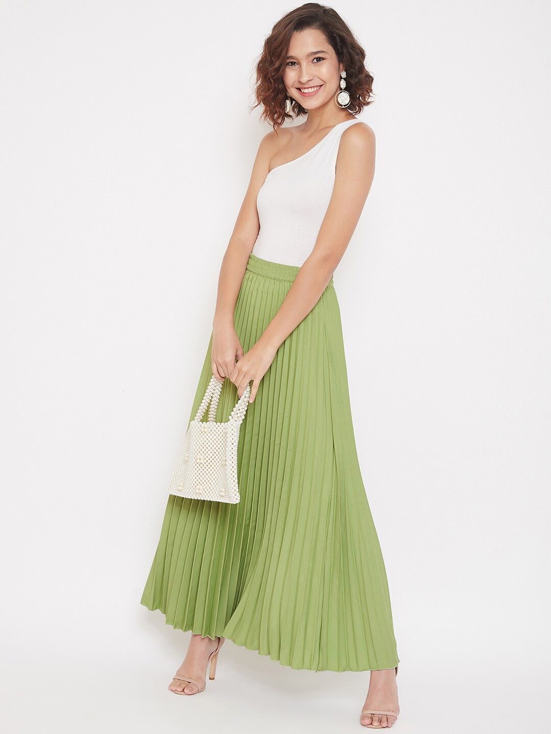Women Green Solid Pleated Flared Skirt