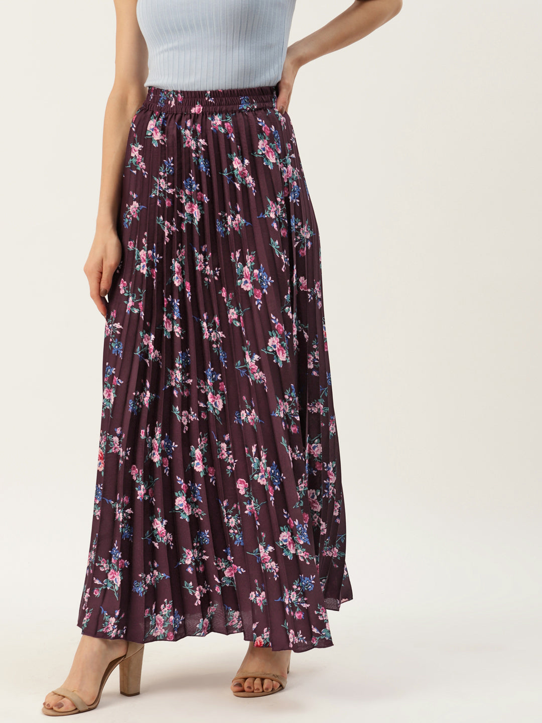 Women Maroon & Pink Floral Printed Pleats Skirt