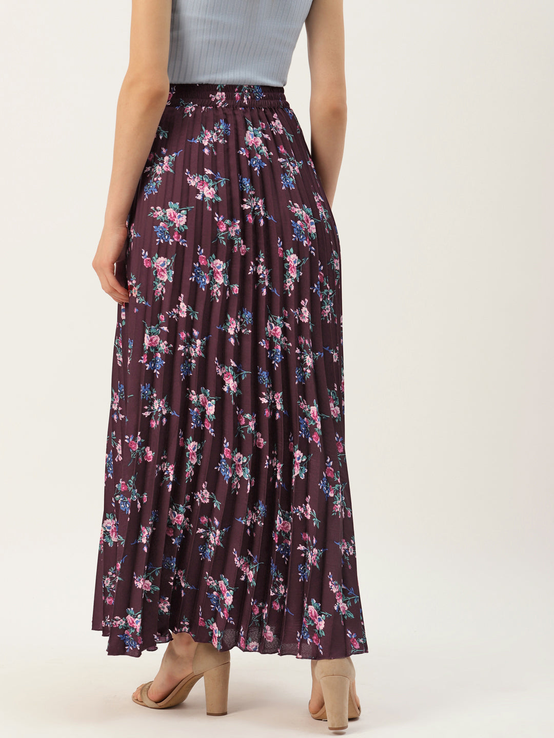 Women Maroon & Pink Floral Printed Pleats Skirt