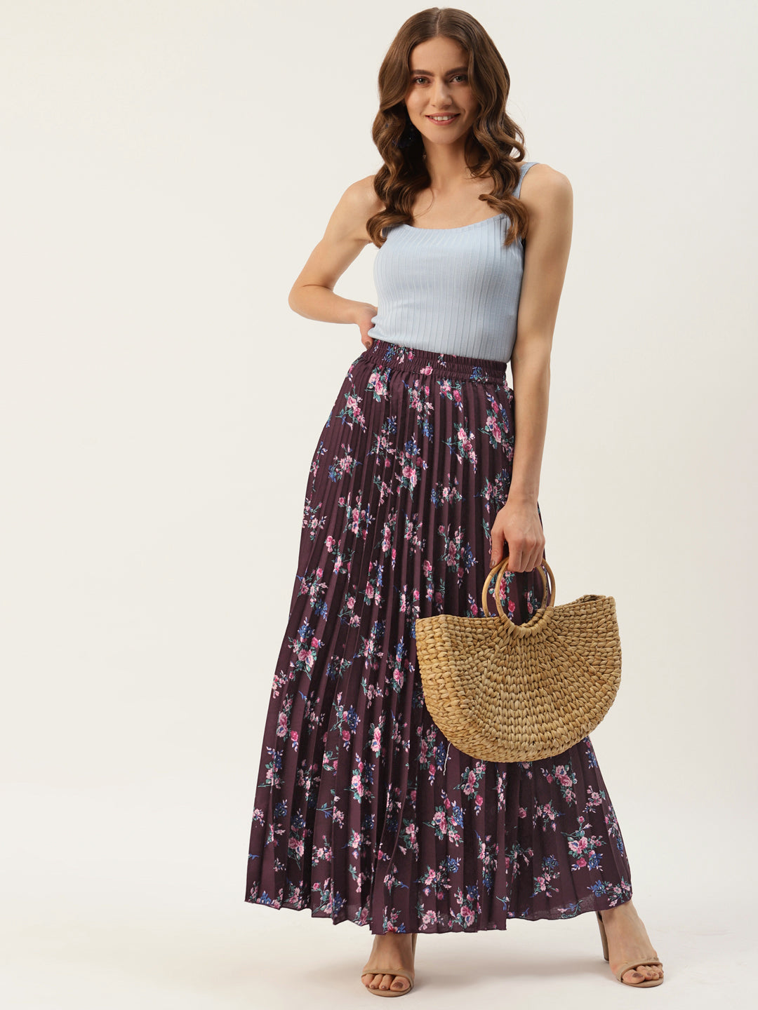 Women Maroon & Pink Floral Printed Pleats Skirt