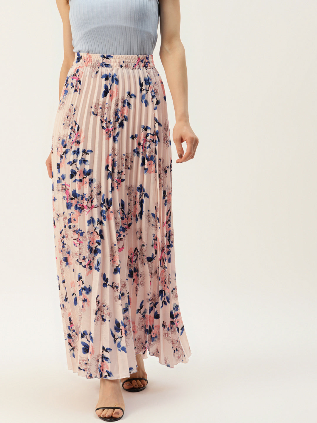 Women Peach-Coloured & Blue Floral Print Pleats Skirt
