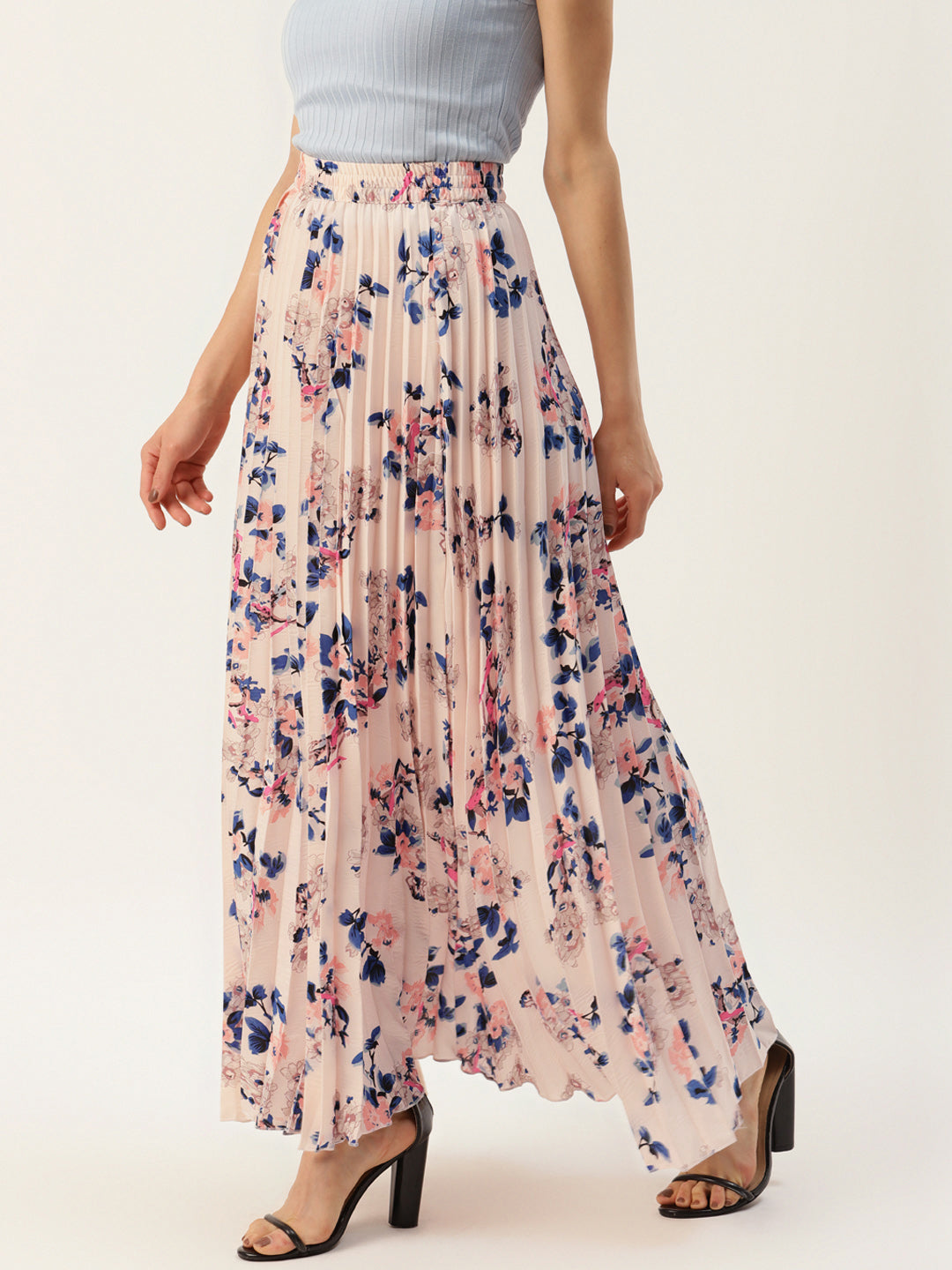 Women Peach-Coloured & Blue Floral Print Pleats Skirt