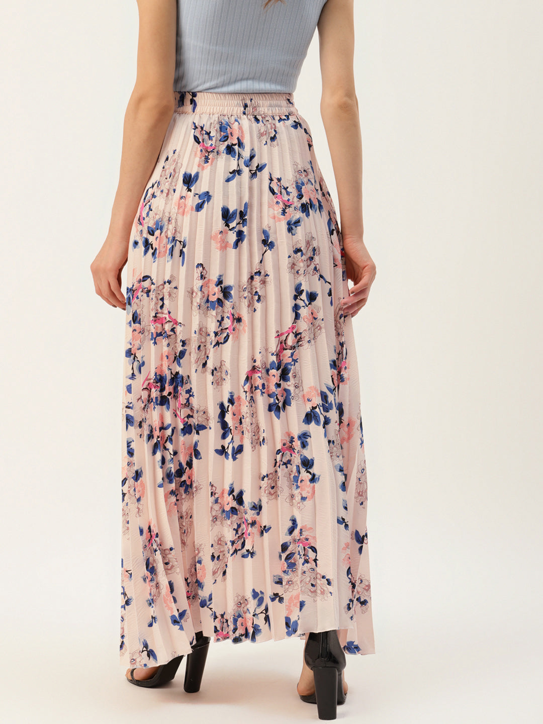 Women Peach-Coloured & Blue Floral Print Pleats Skirt