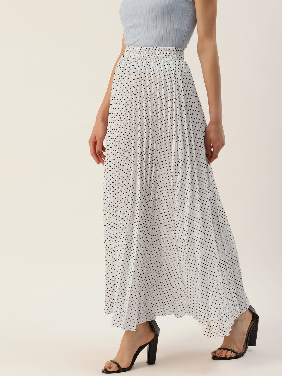 Women White & Black Polka Dot Print Pleats Skirt
