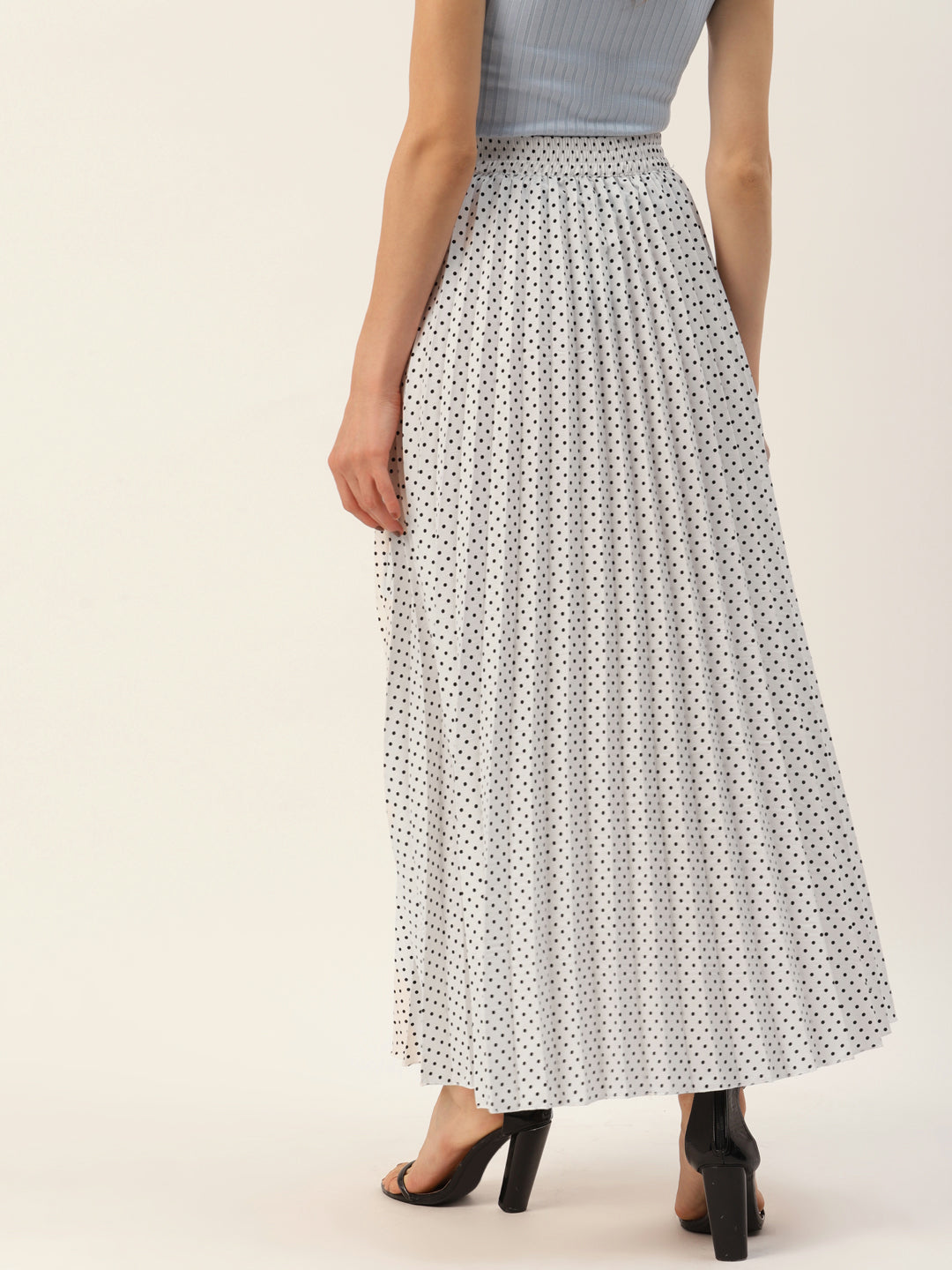 Women White & Black Polka Dot Print Pleats Skirt