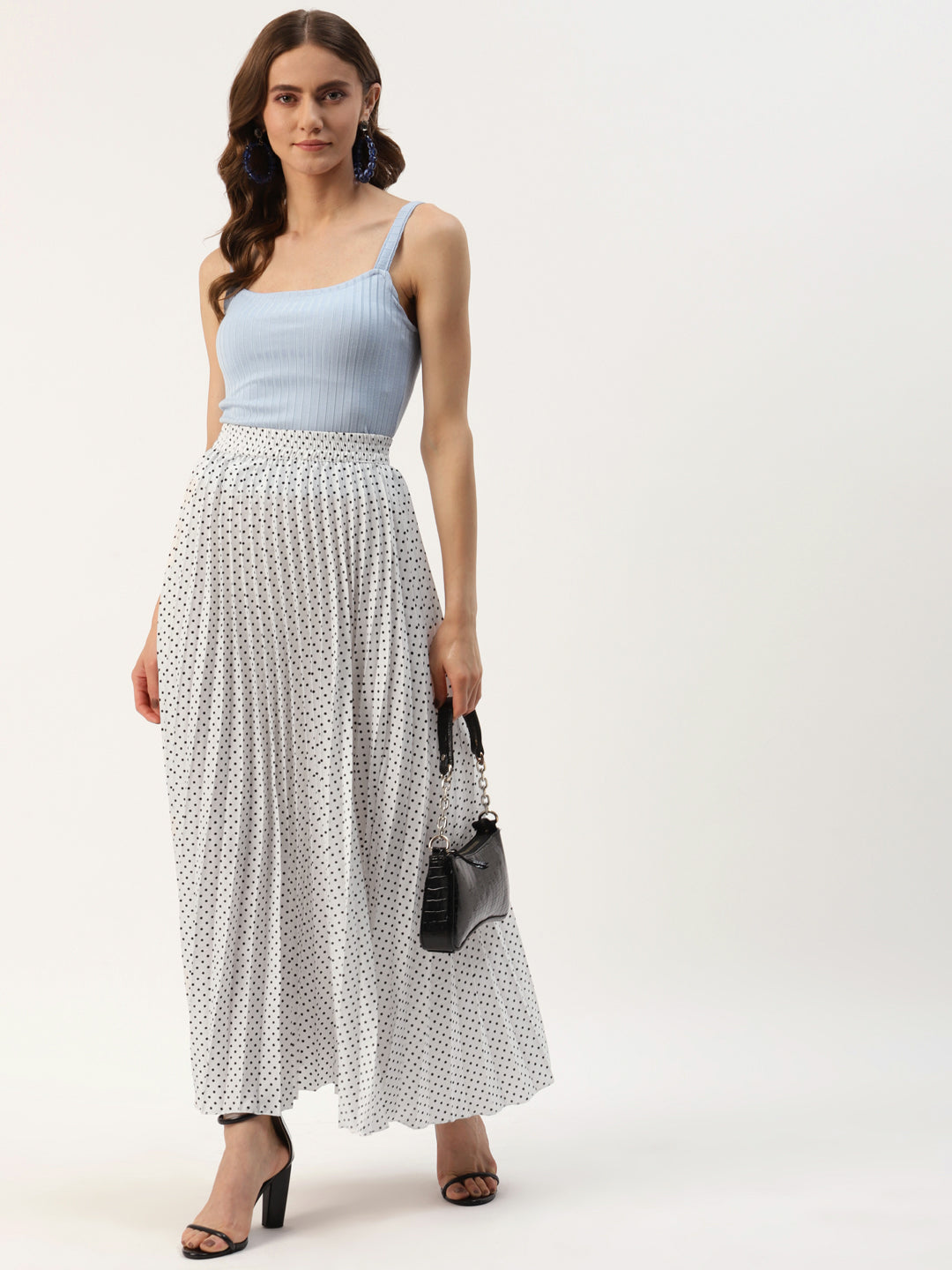 Women White & Black Polka Dot Print Pleats Skirt