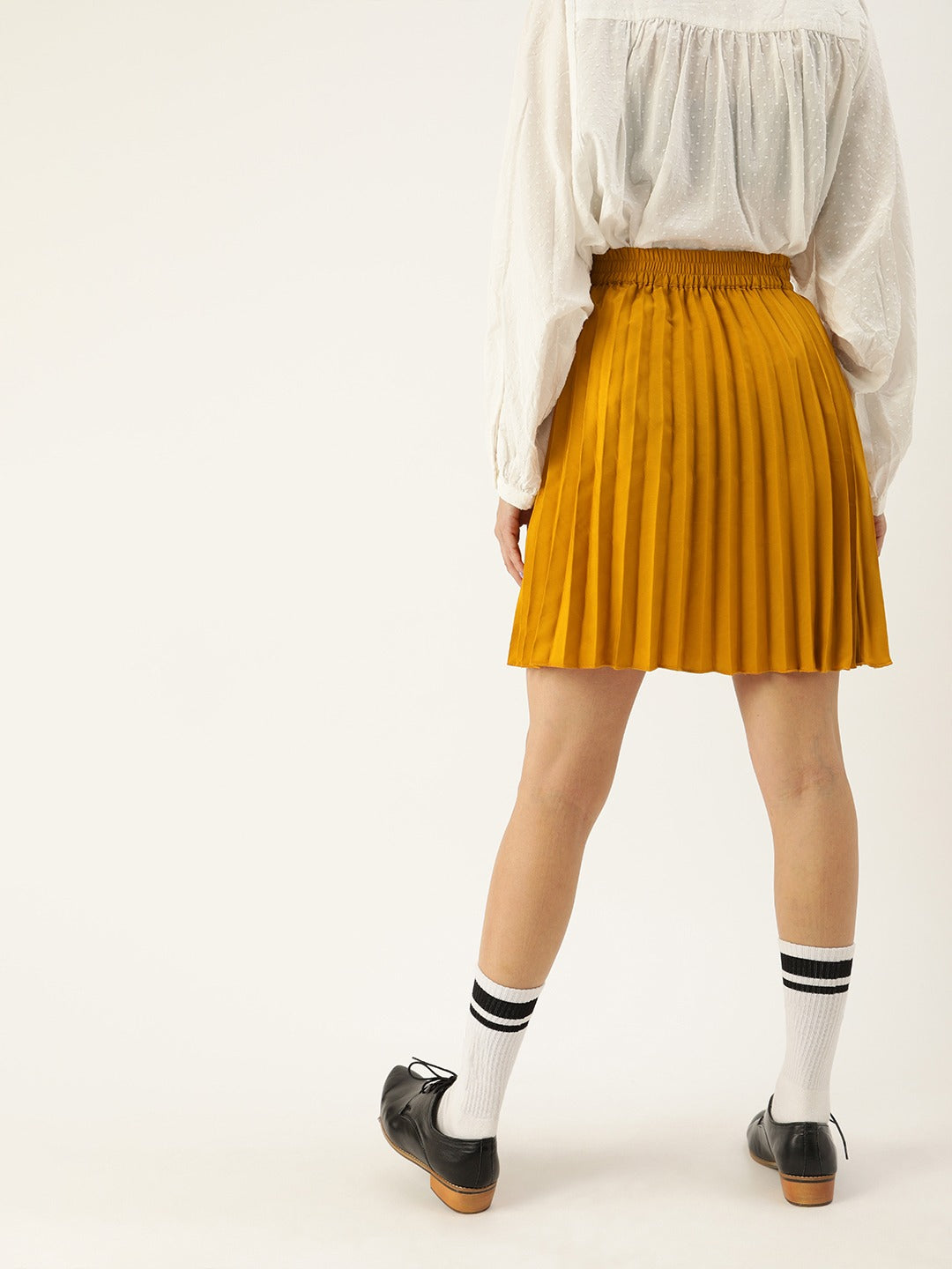 Women Mustard Yellow Solid Accordion Pleated Maxi Flared Skirt