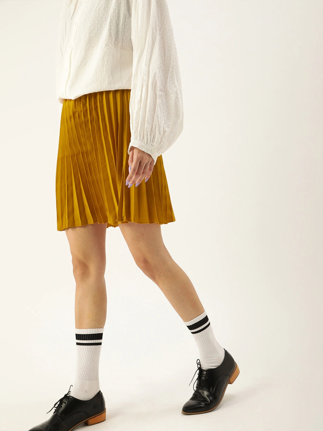 Women Mustard Yellow Solid Accordion Pleated Maxi Flared Skirt