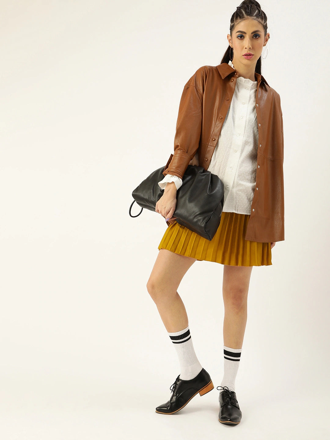 Women Mustard Yellow Solid Accordion Pleated Maxi Flared Skirt