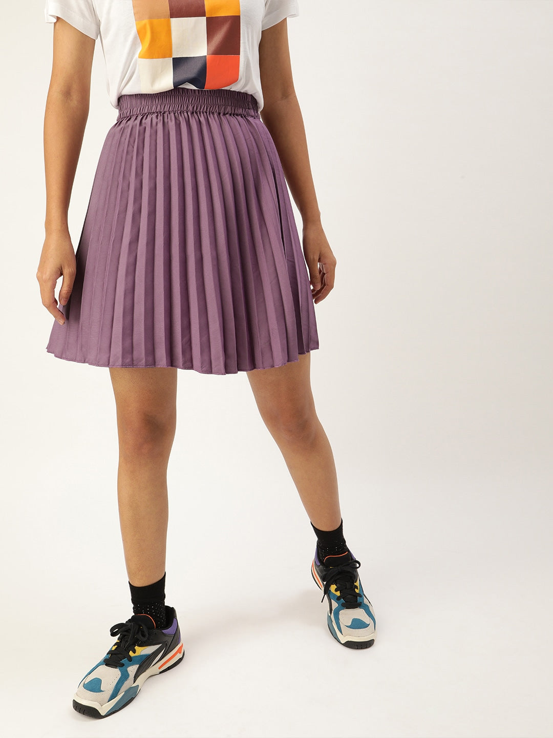 Women Purple Solid Accordion Pleated Mini Flared Skirt