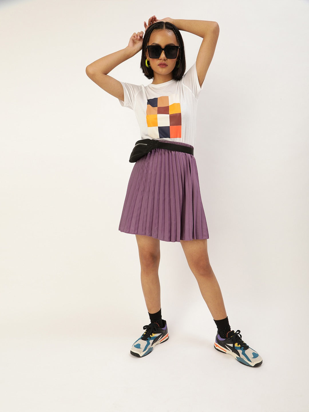 Women Purple Solid Accordion Pleated Mini Flared Skirt