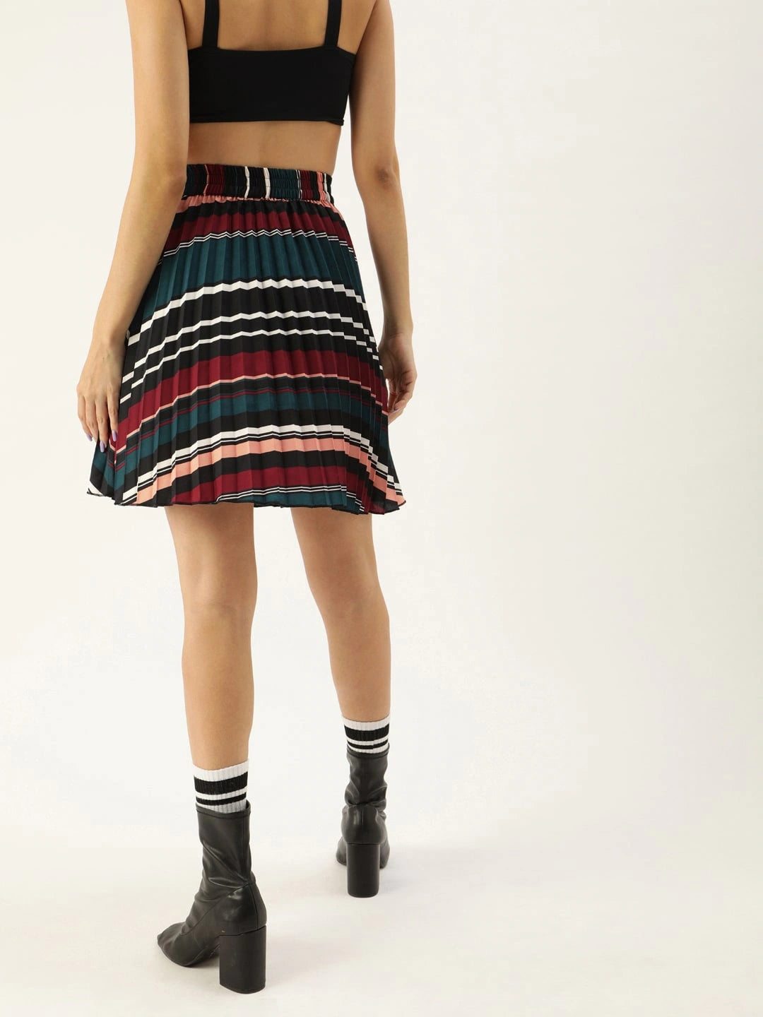Women Multicoloured Striped Pleat Flared Skirt