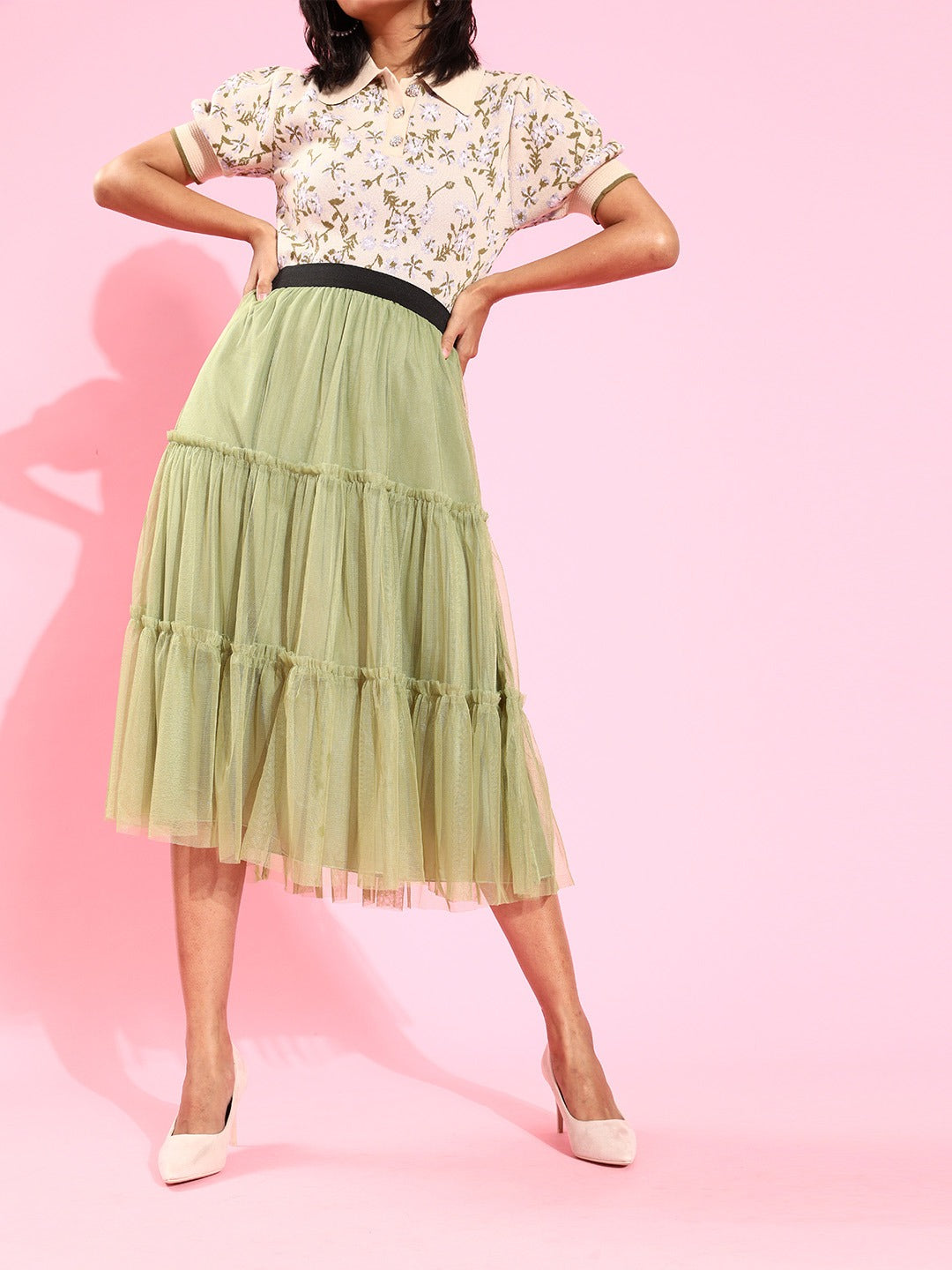 Womens Green Flared Skirt