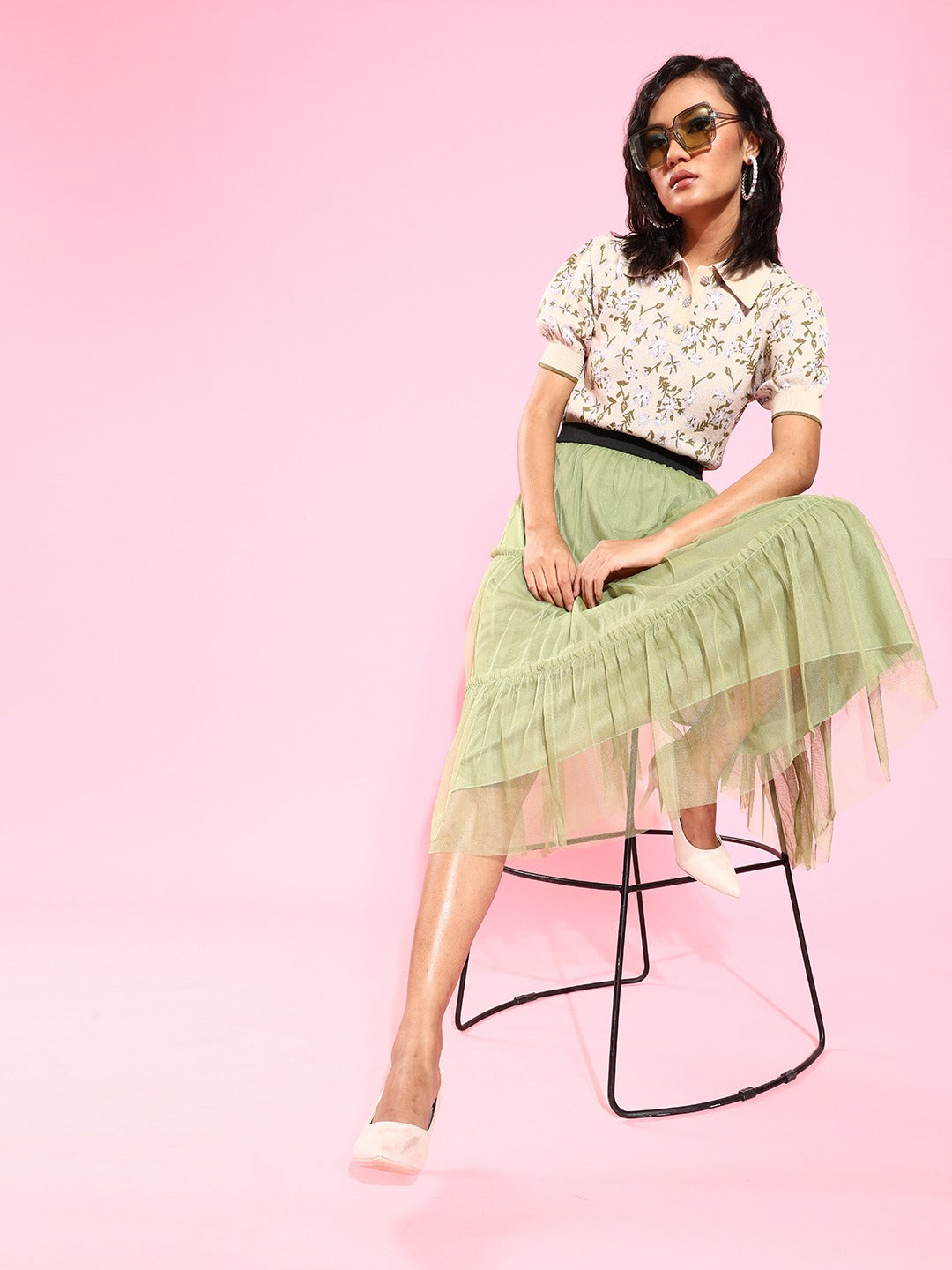 Womens Green Flared Skirt