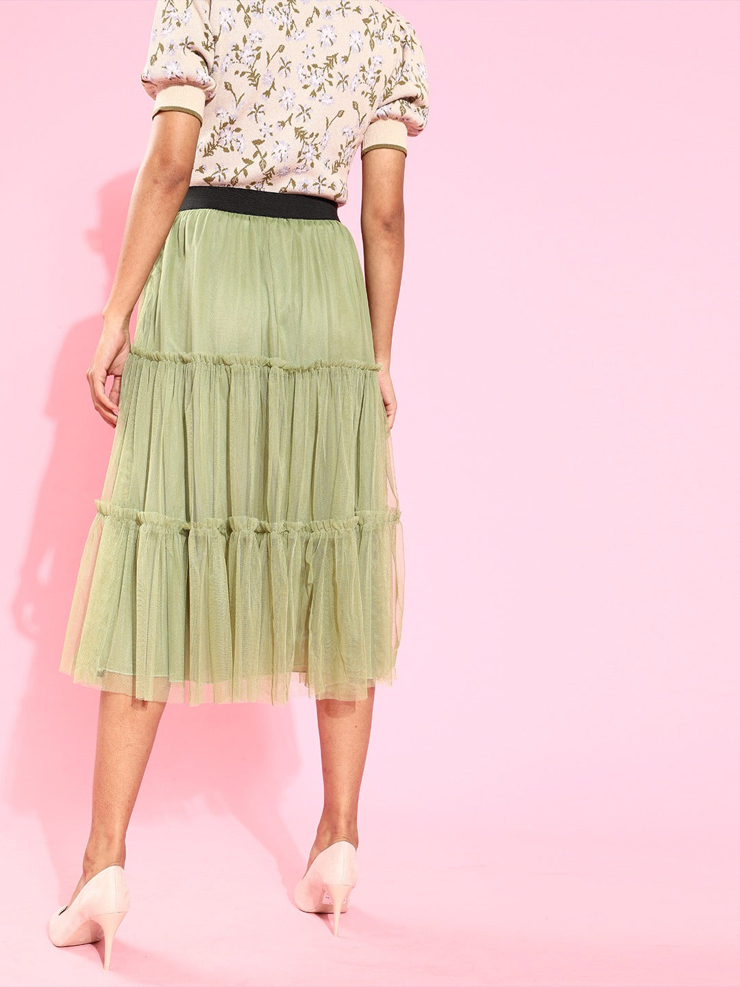 Womens Green Flared Skirt