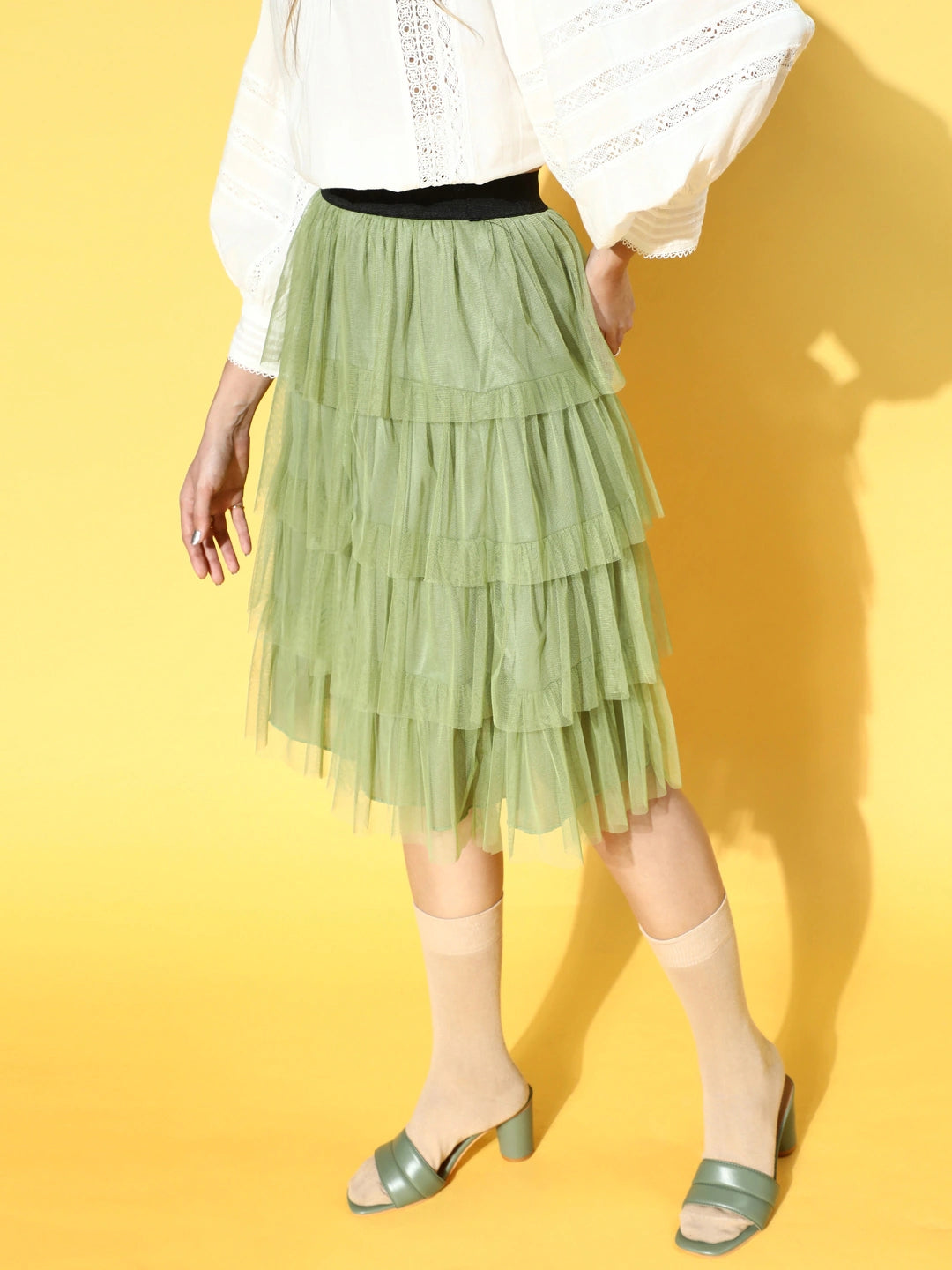Women Gorgeous Green Solid Tiered Skirt