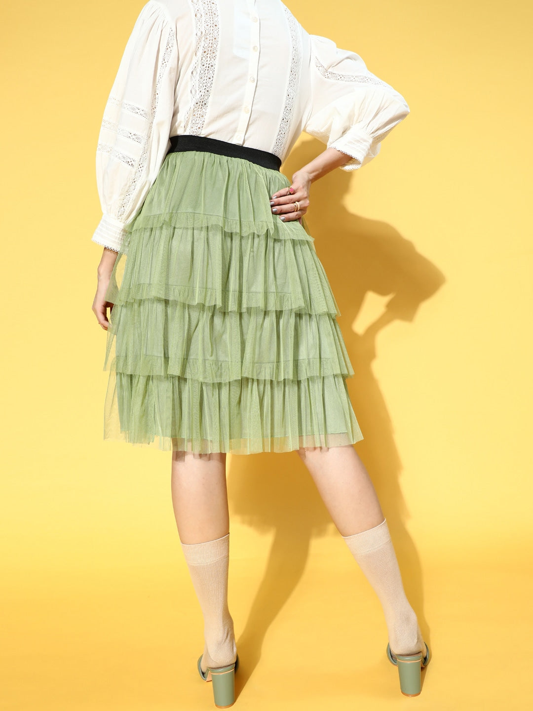 Women Gorgeous Green Solid Tiered Skirt