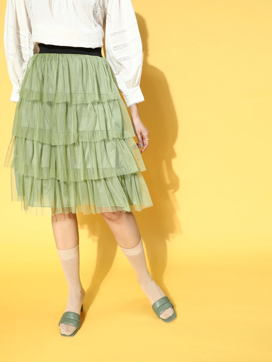Women Gorgeous Green Solid Tiered Skirt