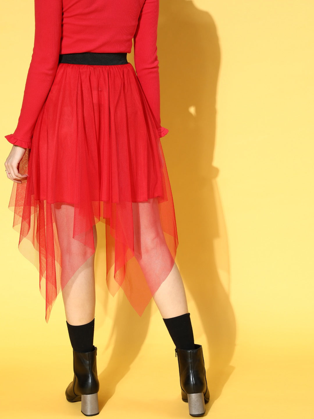 Women Gorgeous Red Net Solid Asymmetric Skirt