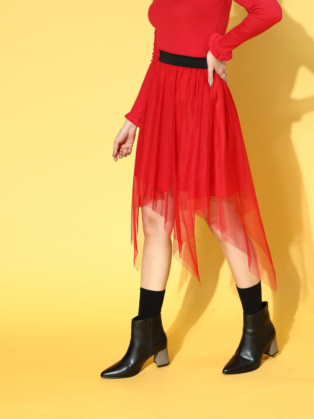 Women Gorgeous Red Net Solid Asymmetric Skirt