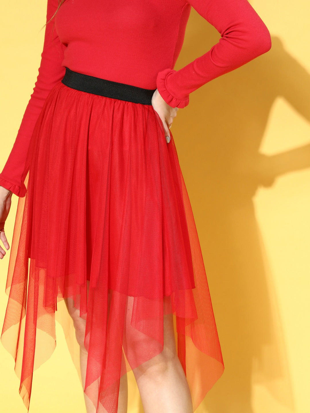Women Gorgeous Red Net Solid Asymmetric Skirt