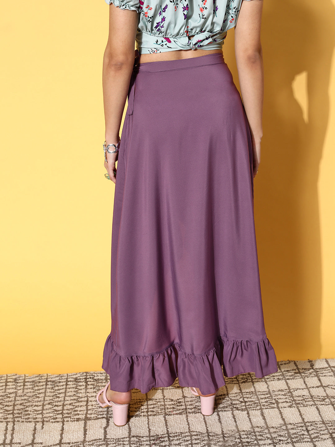 Women Purple Solid Feminine Frills Skirt